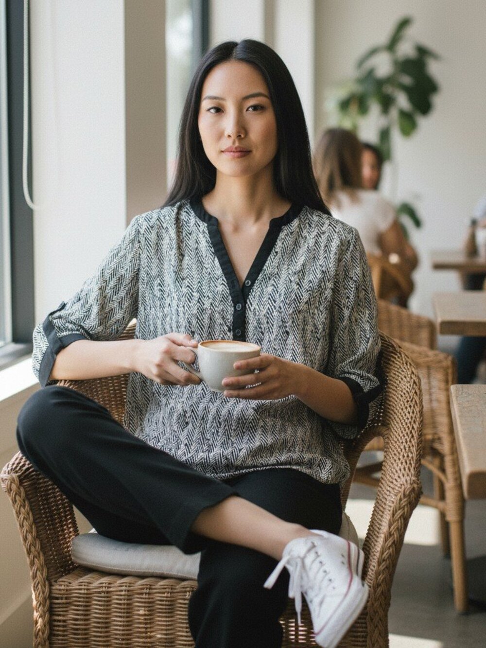 Olive & Oak Black White Print Blouse XS | Roll Tab Sleeve Top| Office Casual Top